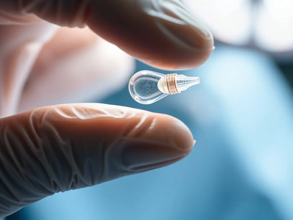 A close-up shot of a PROPEL implant being inserted into a sinus cavity during surgery. The image should be well-lit and show the precision of the procedure.