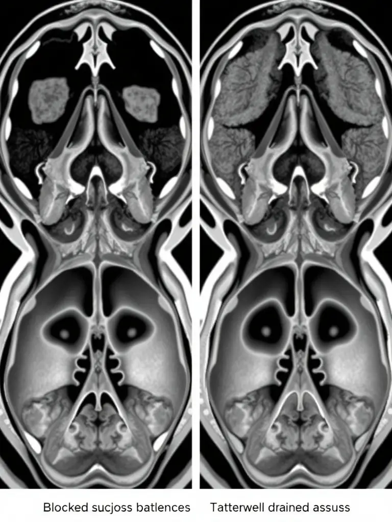 An image showing a before-and-after CT scan of a patient's sinuses, clearly demonstrating the improved openness and drainage achieved with PROPEL Advanced.