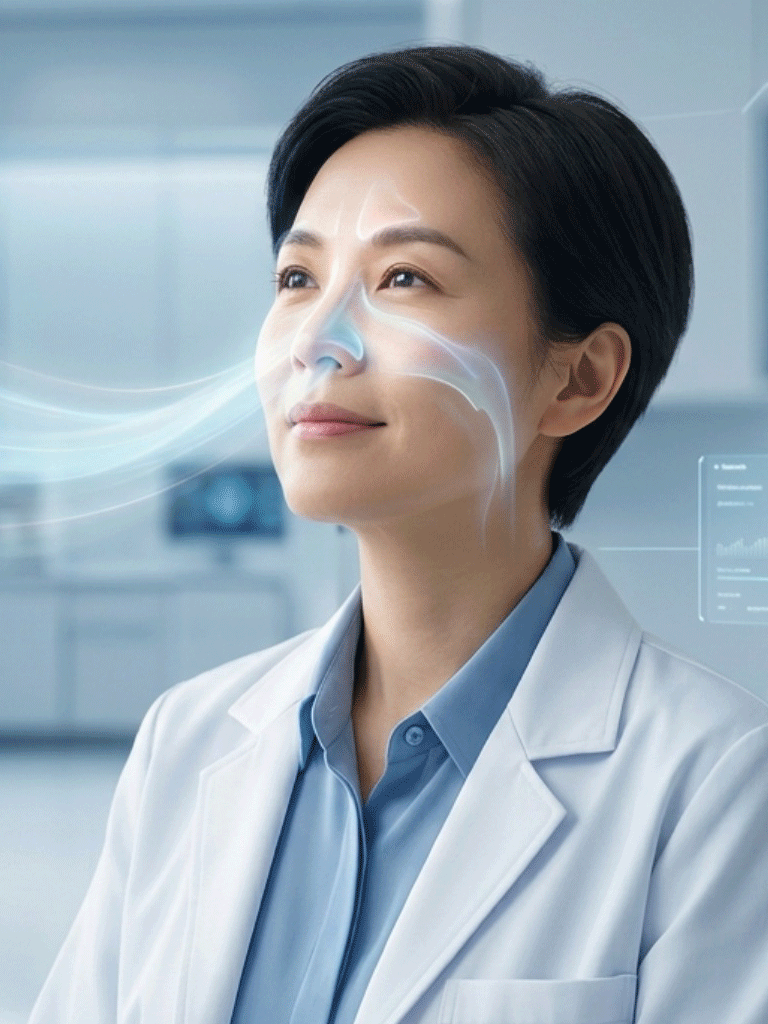 Female patient breathing easily after advanced sinus surgery in UAE with EverOpen+ implants