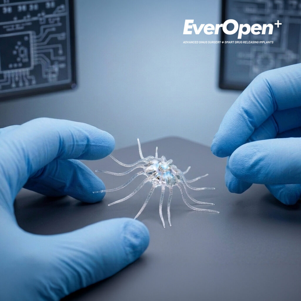 Smart drug-releasing implant held between a doctor’s hands wearing light blue gloves, used for sinusitis treatment in Abu Dhabi with drug releasing implant technology