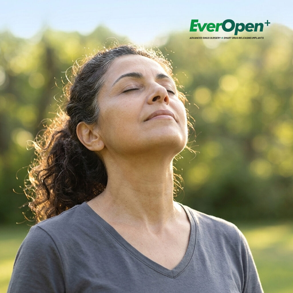 Woman experiencing relief and breathing comfortably outdoors after sinus treatment abu dhabi